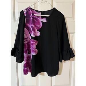 Ladies Alfani sz PS dressy top vacay polyester black purple bell sleeve